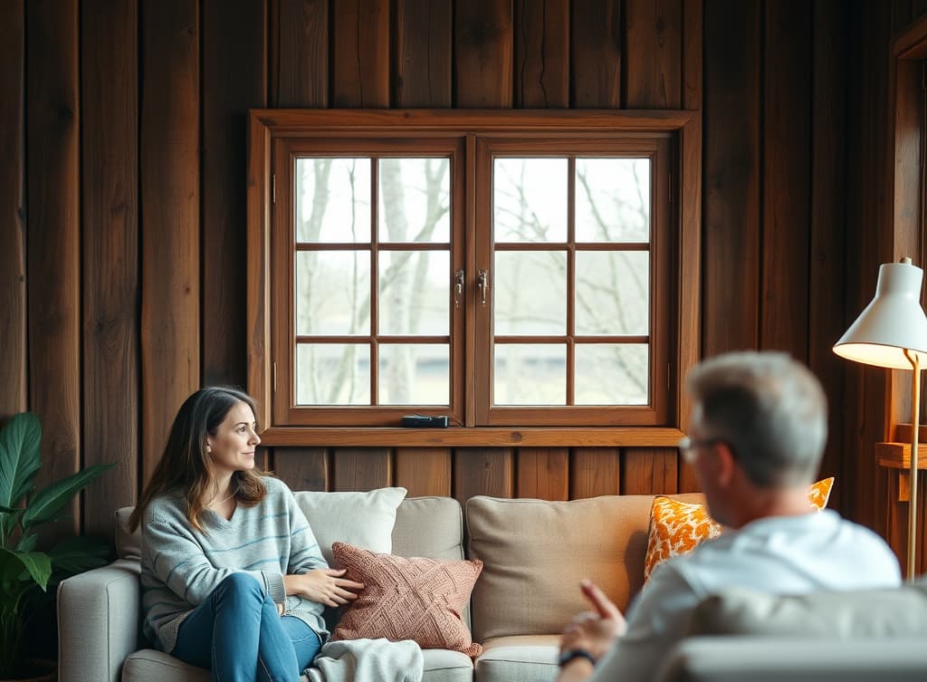 A warm, sunlit room with a counselor and client in conversation